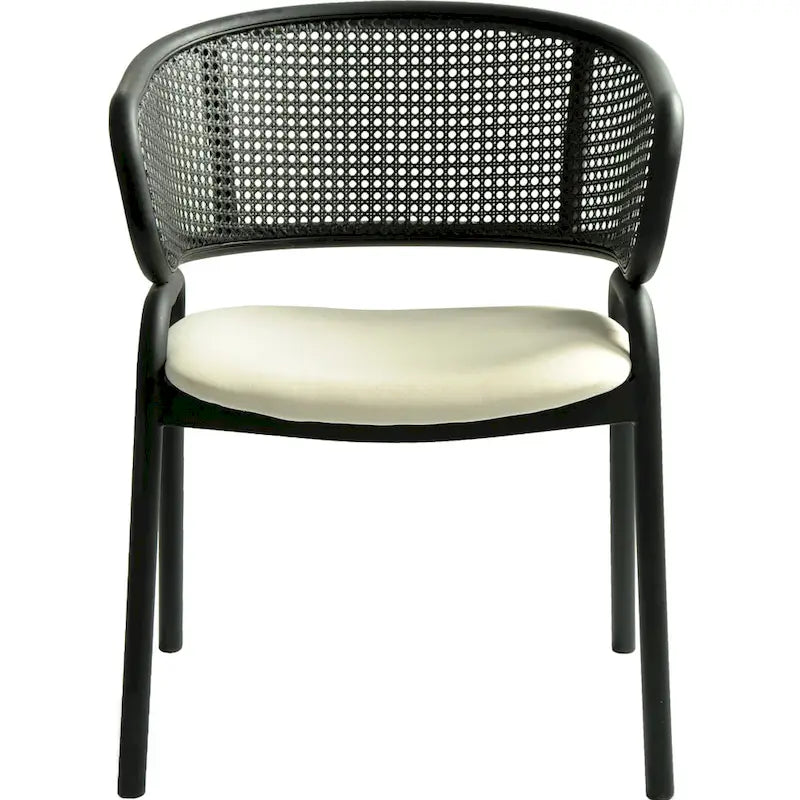 Modern Upholstered Dining Chair with Rattan Back and Black Iron Legs