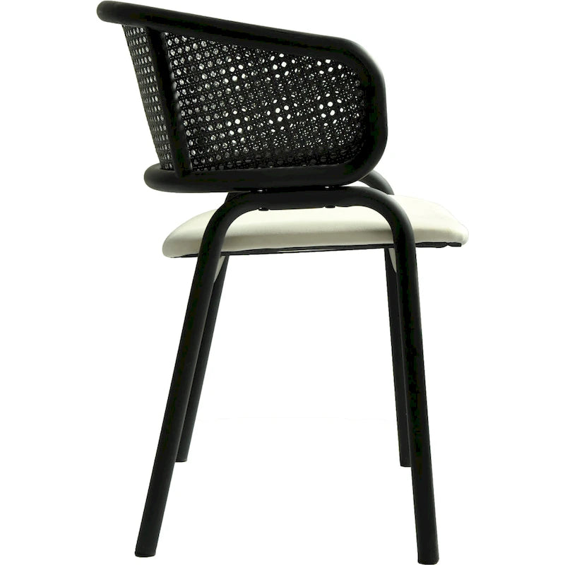 Modern Upholstered Dining Chair with Rattan Back and Black Iron Legs