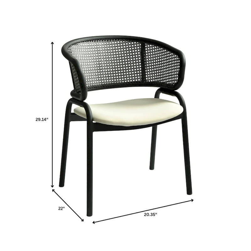 Modern Upholstered Dining Chair with Rattan Back and Black Iron Legs