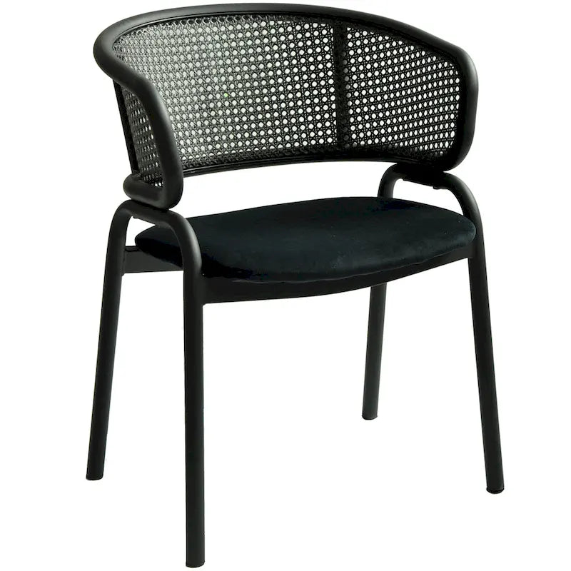 Modern Upholstered Dining Chair with Rattan Back and Black Iron Legs