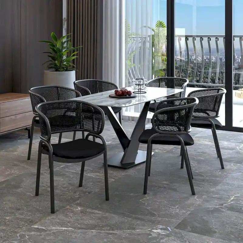 Modern Upholstered Dining Chair with Rattan Back and Black Iron Legs