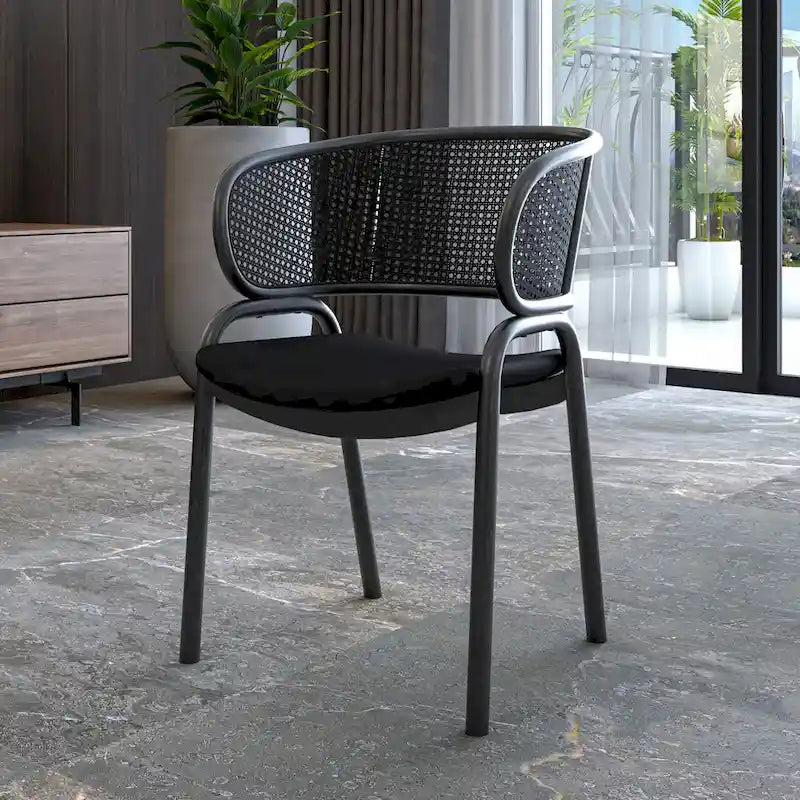 Modern Upholstered Dining Chair with Rattan Back and Black Iron Legs