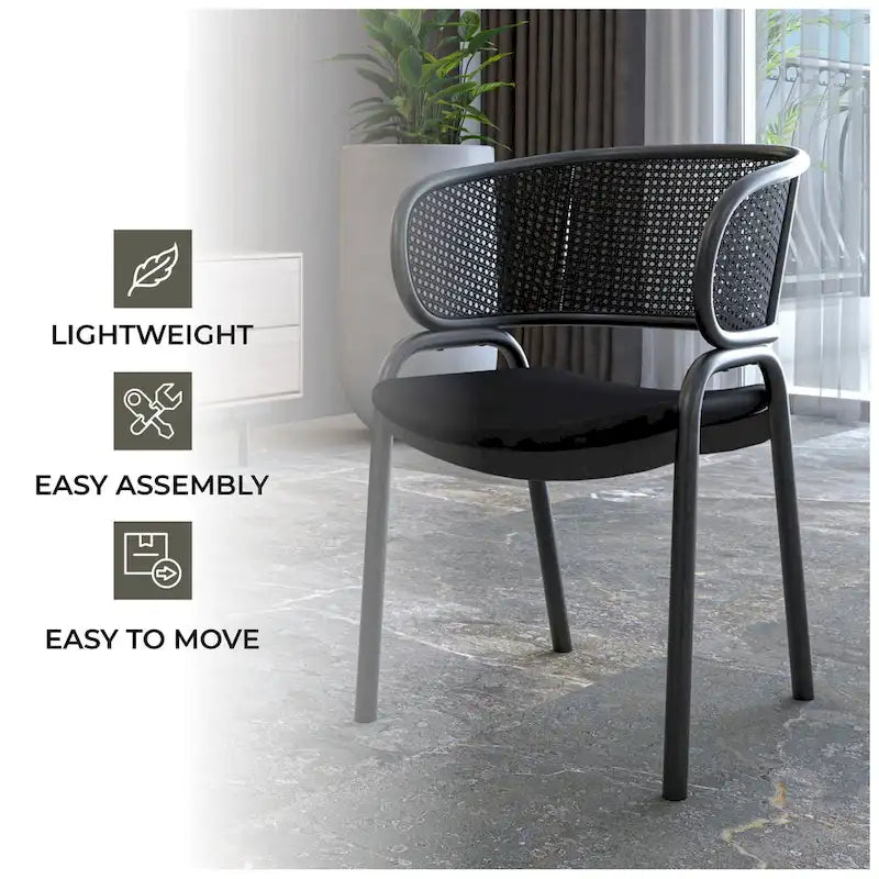 Modern Upholstered Dining Chair with Rattan Back and Black Iron Legs