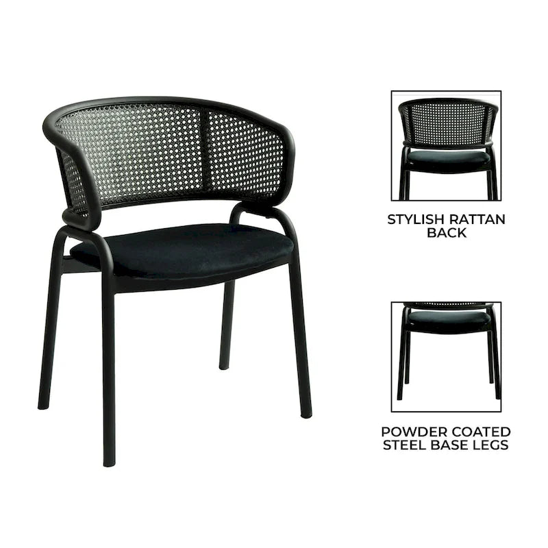 Modern Upholstered Dining Chair with Rattan Back and Black Iron Legs