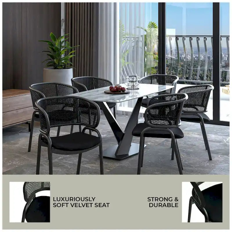 Modern Upholstered Dining Chair with Rattan Back and Black Iron Legs