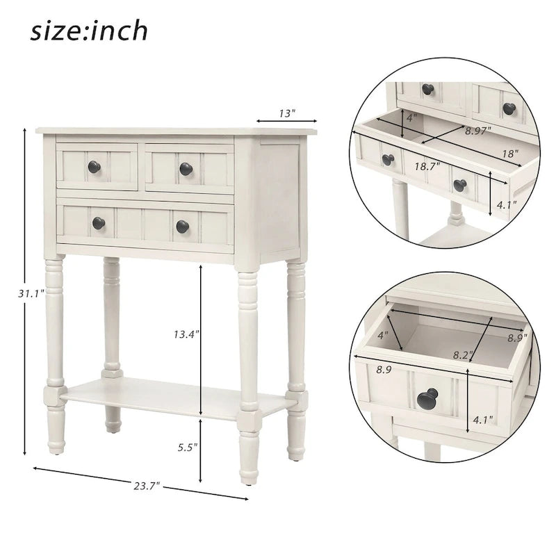 Massiver Sofatisch aus Holz mit Used-Look, drei Schubladen und unterem Ablageboden