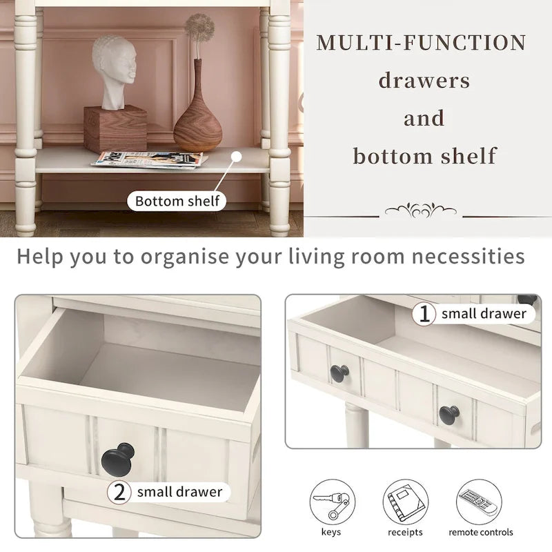 Massiver Sofatisch aus Holz mit Used-Look, drei Schubladen und unterem Ablageboden