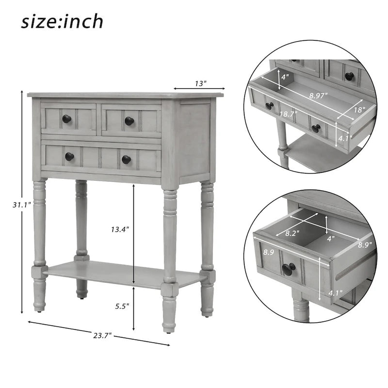 Massiver Sofatisch aus Holz mit Used-Look, drei Schubladen und unterem Ablageboden
