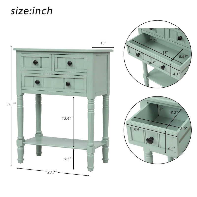Massiver Sofatisch aus Holz mit Used-Look, drei Schubladen und unterem Ablageboden