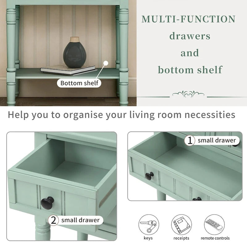 Massiver Sofatisch aus Holz mit Used-Look, drei Schubladen und unterem Ablageboden