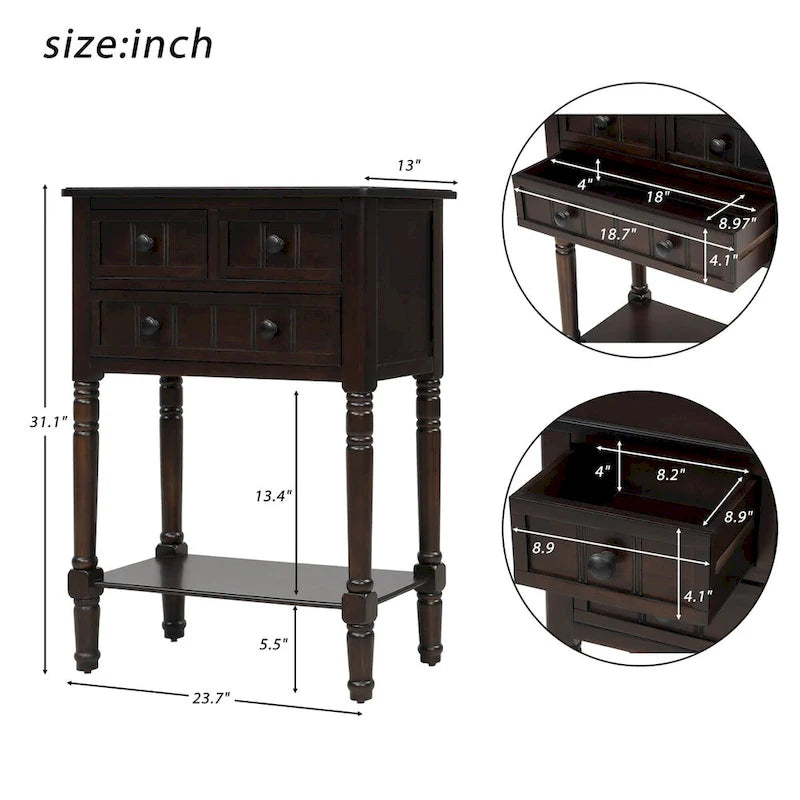 Massiver Sofatisch aus Holz mit Used-Look, drei Schubladen und unterem Ablageboden