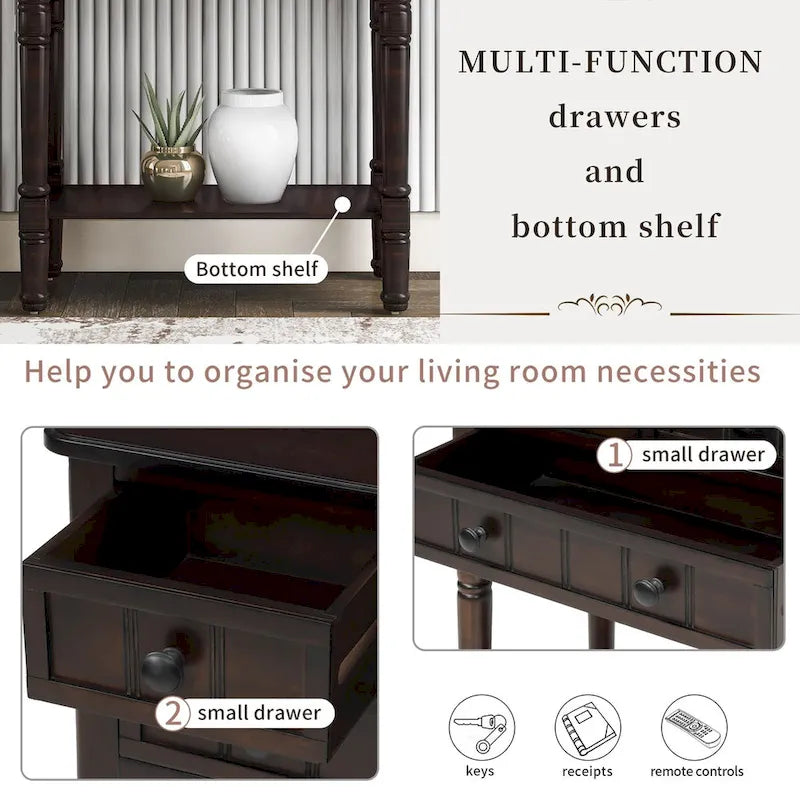Massiver Sofatisch aus Holz mit Used-Look, drei Schubladen und unterem Ablageboden