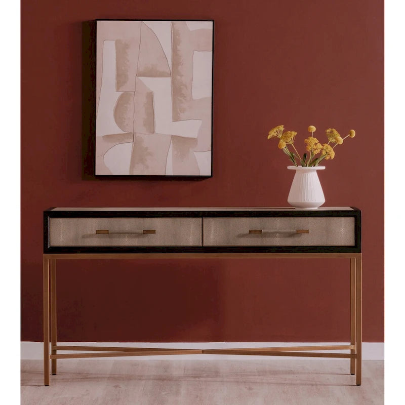Art Deco Solid Wood and Vegan Leather Shagreen Console Table with Brass Accents - 59W x 16D x 32.3H