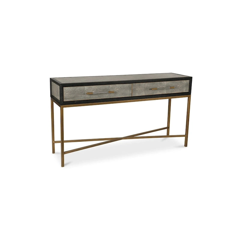 Art Deco Solid Wood and Vegan Leather Shagreen Console Table with Brass Accents - 59W x 16D x 32.3H