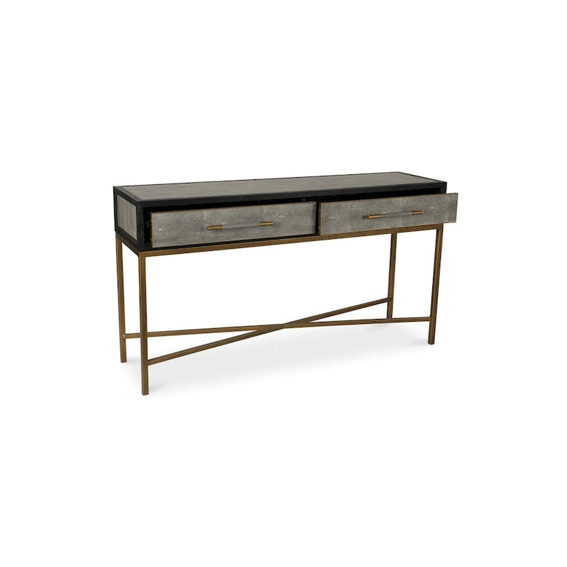 Art Deco Solid Wood and Vegan Leather Shagreen Console Table with Brass Accents - 59W x 16D x 32.3H