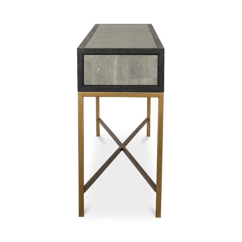 Art Deco Solid Wood and Vegan Leather Shagreen Console Table with Brass Accents - 59W x 16D x 32.3H