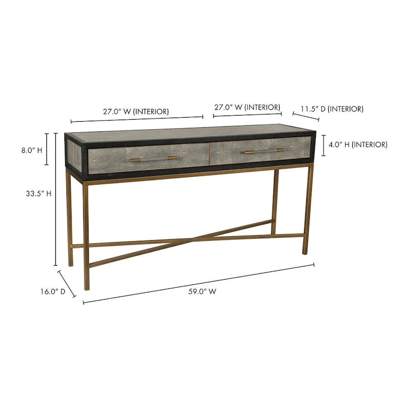 Art Deco Solid Wood and Vegan Leather Shagreen Console Table with Brass Accents - 59W x 16D x 32.3H