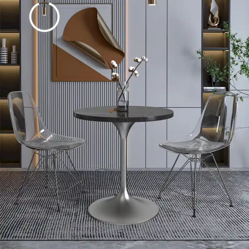 27" Round Dining Table with Stone Top and Brushed Chrome Base