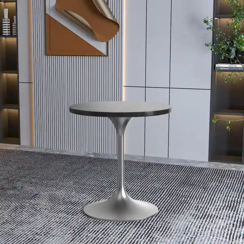 27" Round Dining Table with Stone Top and Brushed Chrome Base