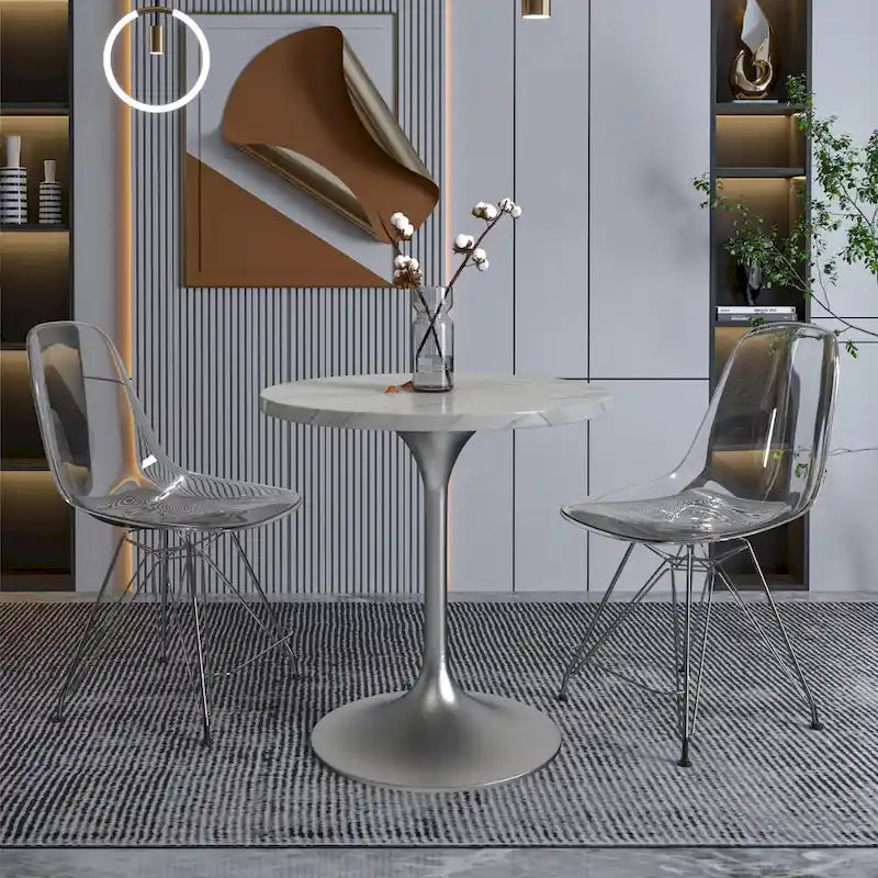 27" Round Dining Table with Stone Top and Brushed Chrome Base