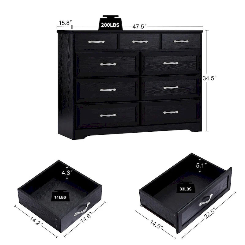 9-Drawer Long Dresser with Antique Handles