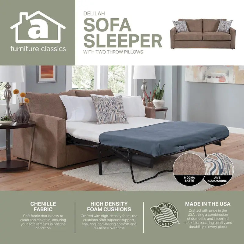 Chenille Sleeper Sofa with Pullout Bed and 2 Throw Pillows