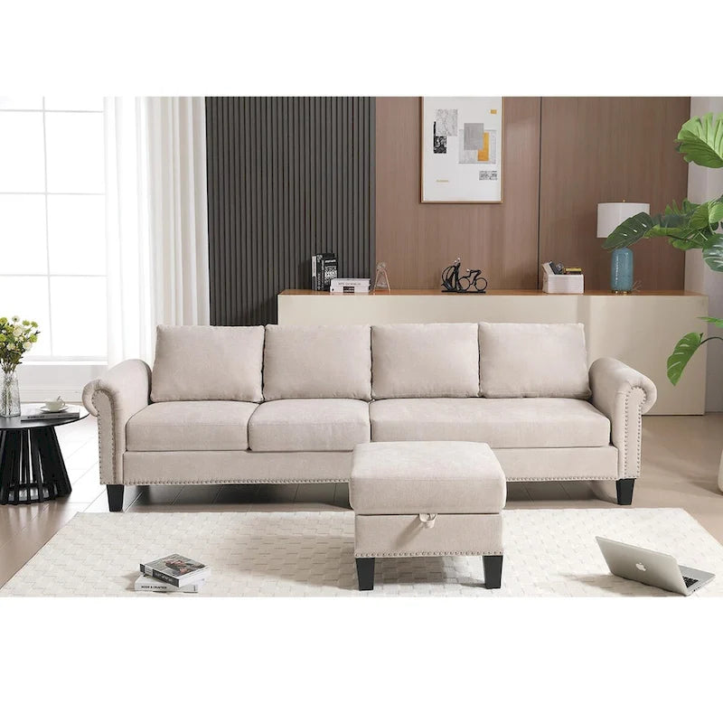Convertible Sectional Sofa with Storage Ottoman, L-Shaped Couch, Beige, Modern Design