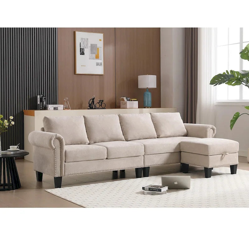 Convertible Sectional Sofa with Storage Ottoman, L-Shaped Couch, Beige, Modern Design