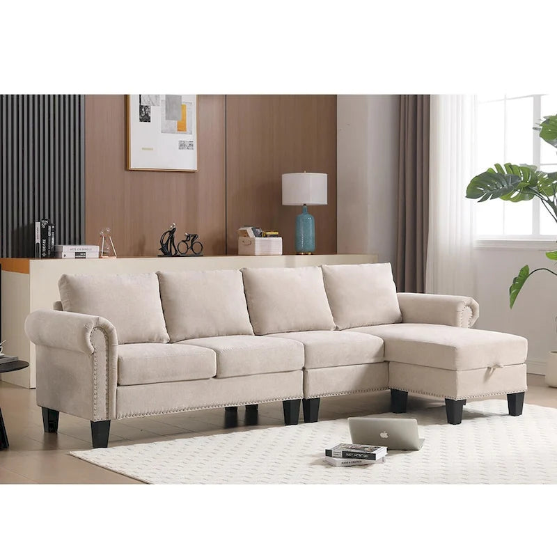 Convertible Sectional Sofa with Storage Ottoman, L-Shaped Couch, Beige, Modern Design