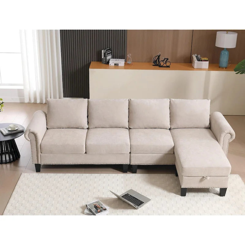 Convertible Sectional Sofa with Storage Ottoman, L-Shaped Couch, Beige, Modern Design