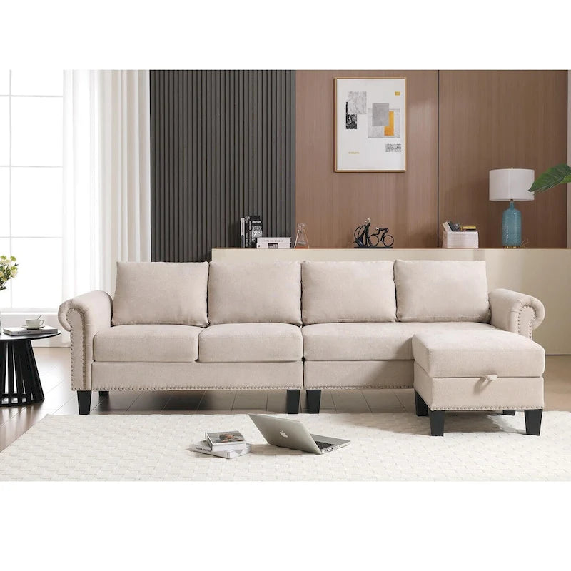 Convertible Sectional Sofa with Storage Ottoman, L-Shaped Couch, Beige, Modern Design