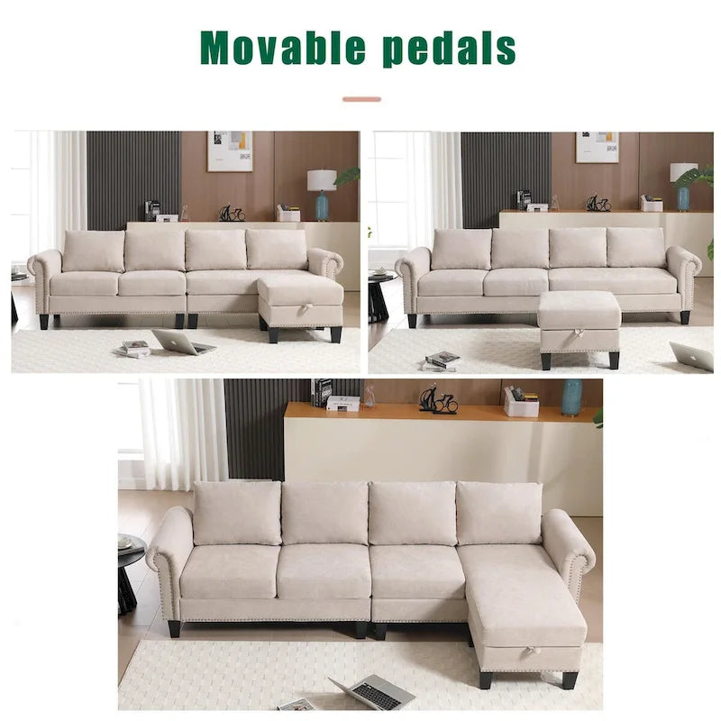 Convertible Sectional Sofa with Storage Ottoman, L-Shaped Couch, Beige, Modern Design