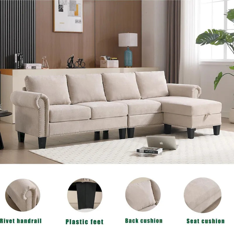 Convertible Sectional Sofa with Storage Ottoman, L-Shaped Couch, Beige, Modern Design