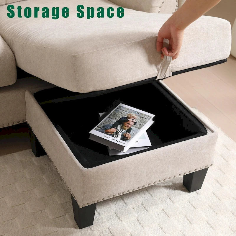 Convertible Sectional Sofa with Storage Ottoman, L-Shaped Couch, Beige, Modern Design