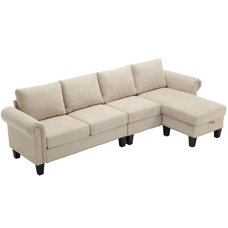 Convertible Sectional Sofa with Storage Ottoman, L-Shaped Couch, Beige, Modern Design