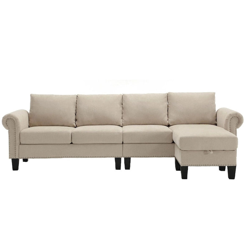 Convertible Sectional Sofa with Storage Ottoman, L-Shaped Couch, Beige, Modern Design