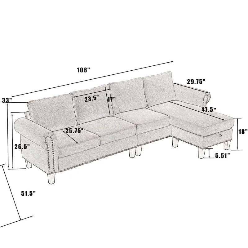 Convertible Sectional Sofa with Storage Ottoman, L-Shaped Couch, Beige, Modern Design